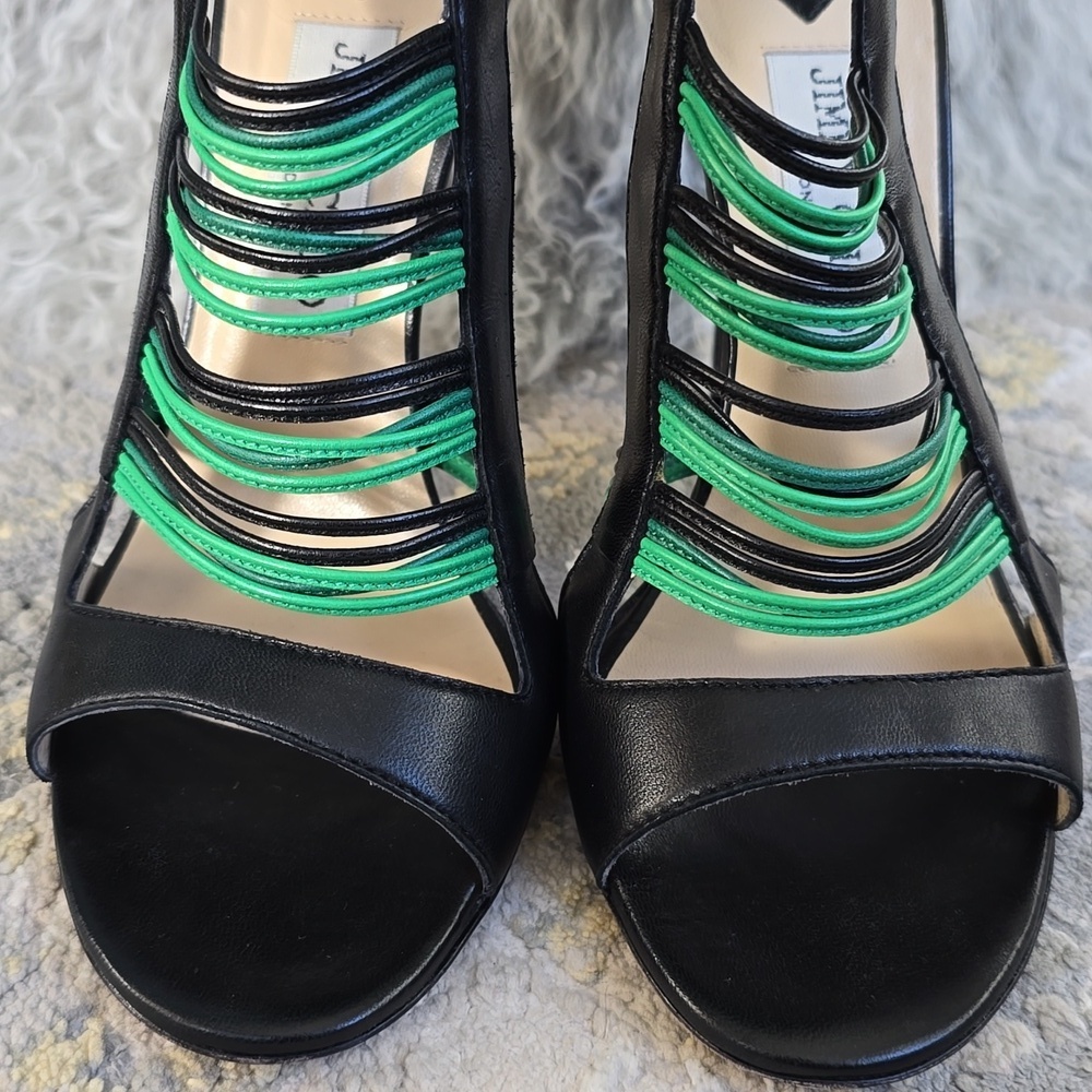 Jimmy Choo Black/Green Leather Corsica Ankle Strap Sandals Size 37.5 - Picture 15 of 17